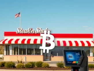 Steak 'n Shake restaurant with a digital display showing the Bitcoin logo, symbolizing their decision to hold all customer **Bitcoin payments** in corporate reserves.