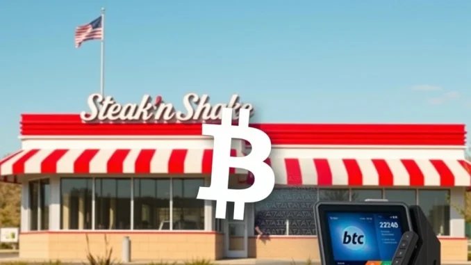 Steak 'n Shake restaurant with a digital display showing the Bitcoin logo, symbolizing their decision to hold all customer **Bitcoin payments** in corporate reserves.