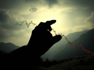 A shadowy figure manipulating a financial chart, symbolizing market manipulation crypto leading to a BTC plunge.