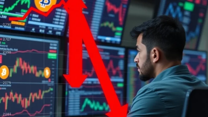 A digital chart showing a sharp decline in BTC price, symbolizing a significant Bitcoin drop in the market.