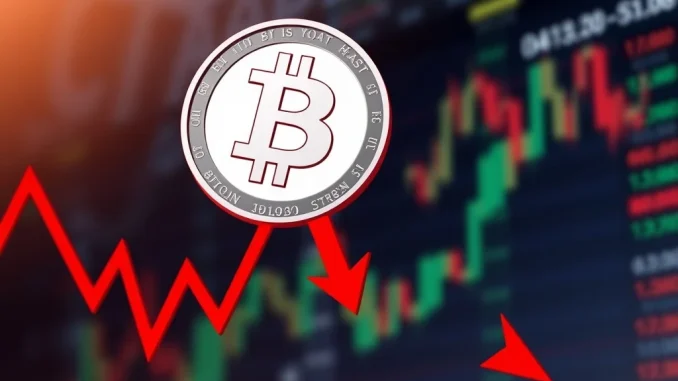 A visual depicting a significant Bitcoin price drop on a crypto market chart, signaling market volatility.