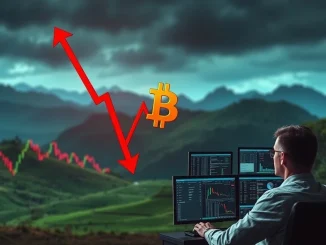 A downward trending graph illustrating the **Bitcoin price drop** below $112,000, reflecting current market uncertainty for traders.