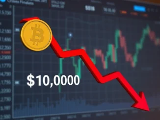 A red downtrend arrow on a digital screen, symbolizing the Bitcoin price falling below $123,000, indicating market volatility and a significant BTC drop.