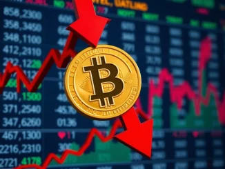 A chart illustrating a sharp **Bitcoin price** decline, with the value falling below $114,000, reflecting current market uncertainty.