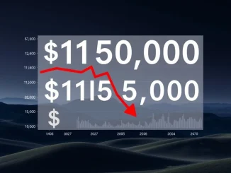 A red downward arrow on a digital chart illustrating the Bitcoin price drop below $115,000, reflecting market volatility.