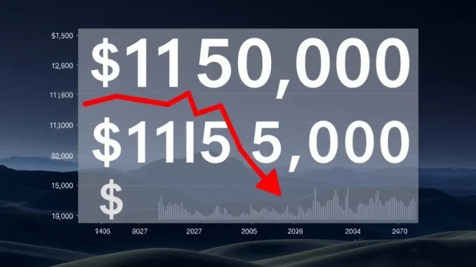 A red downward arrow on a digital chart illustrating the Bitcoin price drop below $115,000, reflecting market volatility.