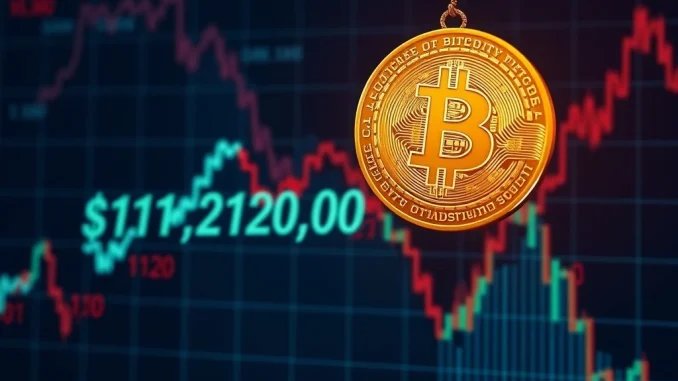 A red candlestick chart showing a sharp decline in Bitcoin price, indicating BTC falling below $112,000 and market uncertainty.