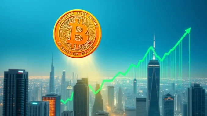 Bitcoin Price Explodes Past $106,000: Analyzing the Monumental Surge A digital Bitcoin logo ascending above a city, illustrating the significant Bitcoin price surge and market growth.