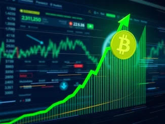 Visualizing an explosive Bitcoin price surge, a BTC logo rises on a green candlestick chart, symbolizing rapid market growth.