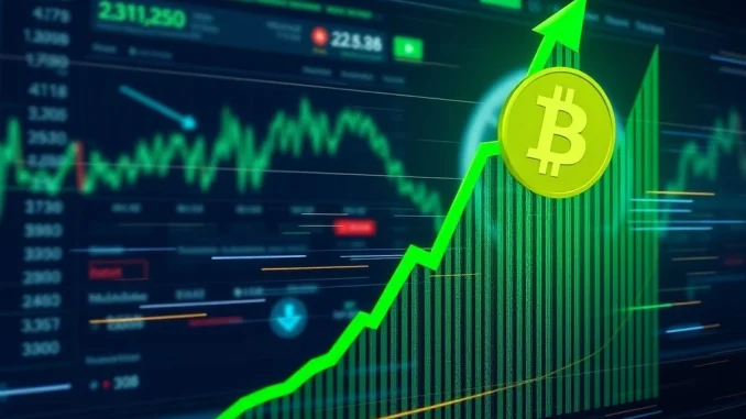 A chart displaying a significant **Bitcoin price surge**, indicating a **rapid increase** in value within the **cryptocurrency market**.