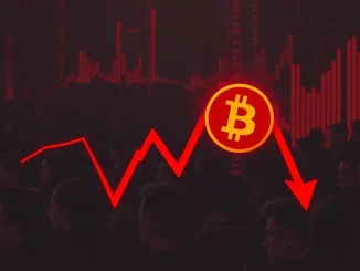A red arrow pointing downwards on a digital trading chart, illustrating the Bitcoin price fall below $113,000.