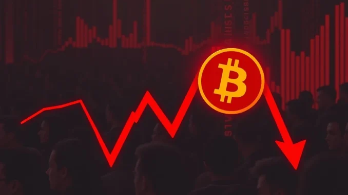 A red arrow pointing downwards on a digital trading chart, illustrating the Bitcoin price fall below $113,000.