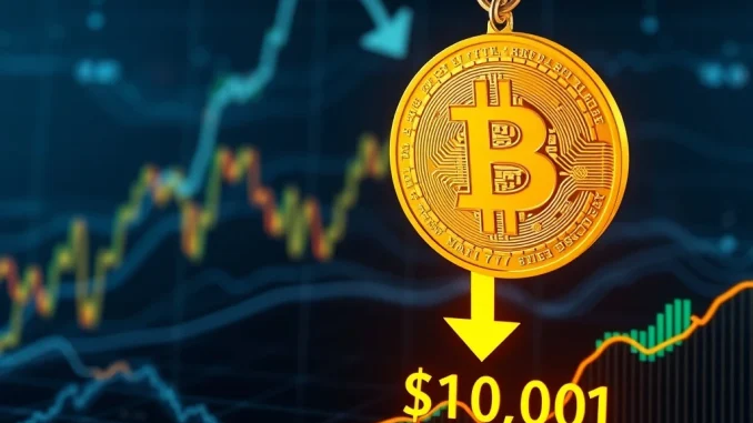 A digital chart showing a sharp Bitcoin price fall, with BTC dropping below the $112,000 mark, indicating market volatility.
