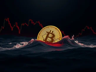 A Bitcoin (BTC) symbol sinking into a volatile market chart, illustrating the recent Bitcoin price drop below $114,000 and market uncertainty.