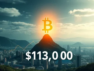 A vibrant chart illustrates the Bitcoin price exceeding $113,000, symbolizing a significant cryptocurrency market surge.