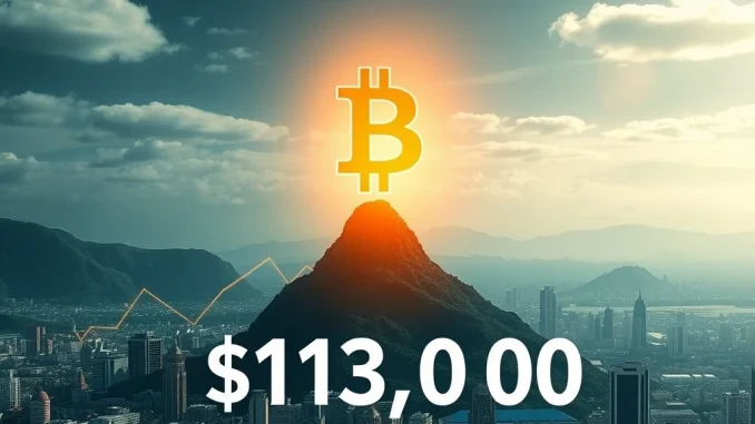 A vibrant chart illustrates the Bitcoin price exceeding $113,000, symbolizing a significant cryptocurrency market surge.