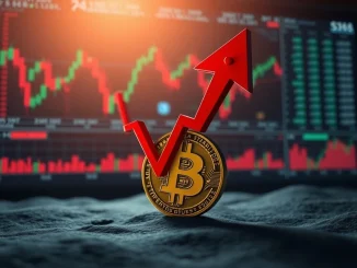 A red downward arrow indicates a significant Bitcoin price drop, reflecting current market volatility and investor concern.