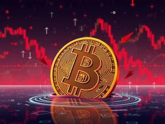 Chart showing a significant BTC price drop, with the Bitcoin logo descending below a key support level, illustrating recent Bitcoin falls.