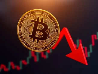 A visual depicting a significant Bitcoin price drop on a red candlestick chart, symbolizing recent BTC market volatility.