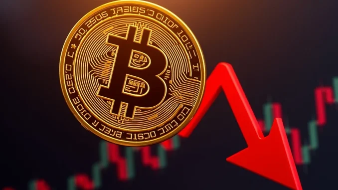 A digital graph depicting a sharp decline in Bitcoin price, illustrating the recent BTC drop and overall market volatility.