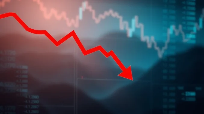 A digital chart showing a sharp decline in Bitcoin price, indicating market stress and a significant drop below key support levels.