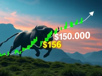 Chart depicting **Bitcoin price** surge to $150,000, symbolizing a strong **crypto bull market** despite a recent **Bitcoin correction**.