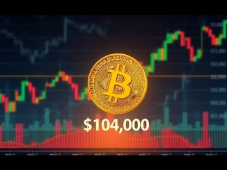 A chart illustrating a potential Bitcoin price drop towards the $104,000 level, indicating market volatility and the risk of Bitcoin liquidations.