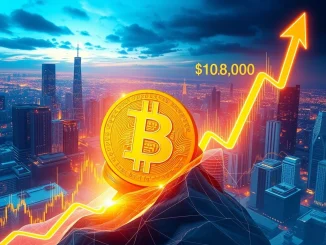 Bitcoin price symbol soaring past a $108,000 market barrier, illustrating the significant BTC surge and market momentum.