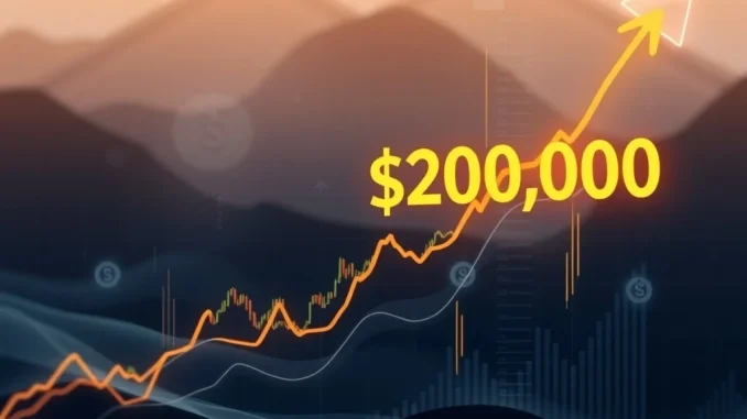 Chart showing Bitcoin price surging towards $200K, symbolizing Standard Chartered's bullish forecast despite recent market liquidations.