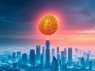 A visual representation of Bitcoin's price surge, showing a BTC symbol reaching new heights above a financial chart, symbolizing a significant Bitcoin investment milestone.