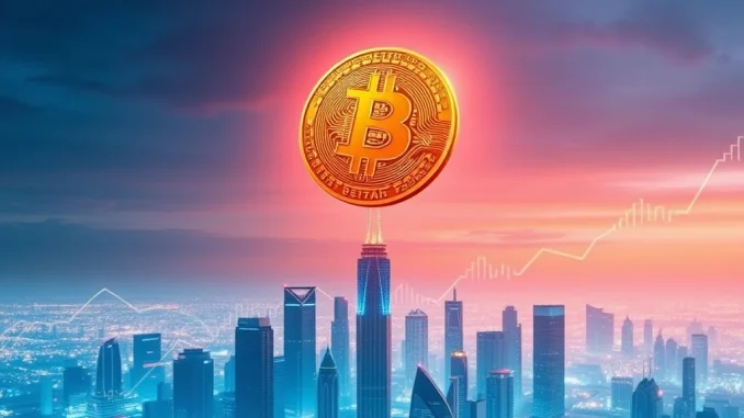 A visual representation of Bitcoin's price surge, showing a BTC symbol reaching new heights above a financial chart, symbolizing a significant Bitcoin investment milestone.