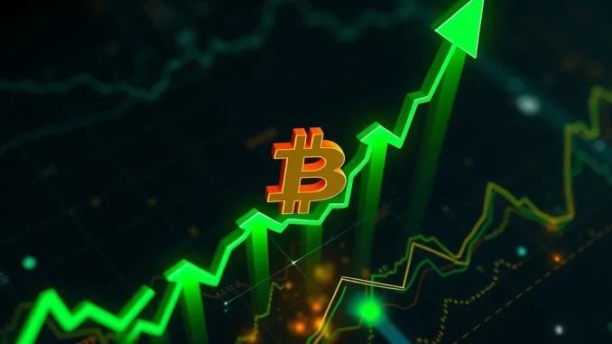 A visual representation of Bitcoin price growth, showing the BTC surge past the $112,000 mark on a digital trading chart.