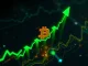 A visual representation of Bitcoin price growth, showing the BTC surge past the $112,000 mark on a digital trading chart.