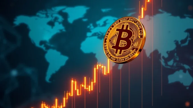 A visual representation of Bitcoin price momentum, with the BTC symbol rising on a chart, signifying its surge above $116,000.