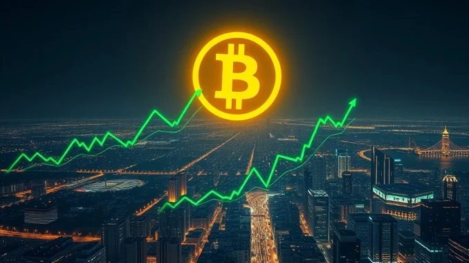 A digital chart shows the Bitcoin price surging past $121,000, illustrating the recent market rally.