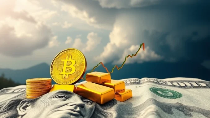 A visual representation of Bitcoin rally, gold, and stocks rising while the US dollar decline signals a currency panic and global economic uncertainty.