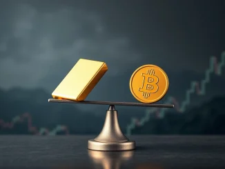 A balance scale showing gold currently elevated, with Bitcoin poised to rise, illustrating the anticipated Bitcoin rally after gold's price trends subside.