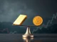 A balance scale showing gold currently elevated, with Bitcoin poised to rise, illustrating the anticipated Bitcoin rally after gold's price trends subside.