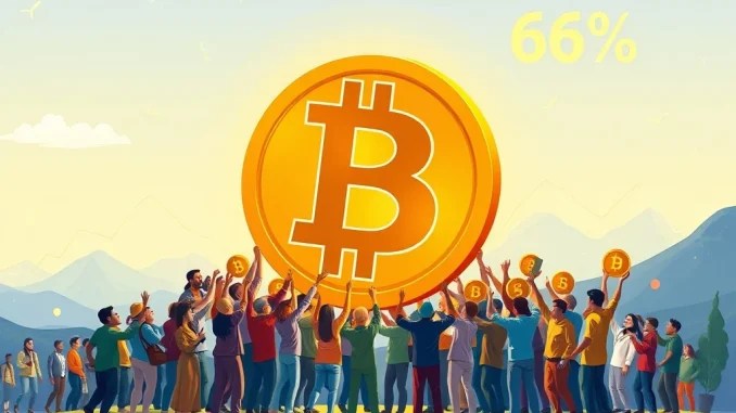 Bitcoin Retail Investors Now Command a Staggering 66% of BTC Supply An illustration showing Bitcoin retail investors holding a significant 66% of the BTC supply, symbolizing widespread crypto adoption.
