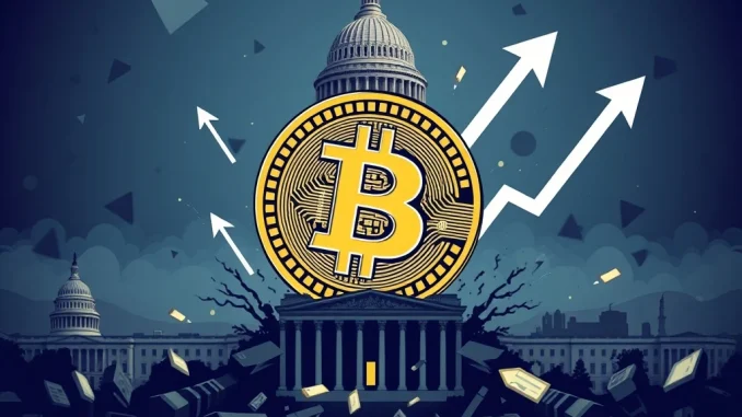 Bitcoin logo rising as a US government shutdown ends, illustrating a potential Bitcoin rally based on crypto analysts' predictions.