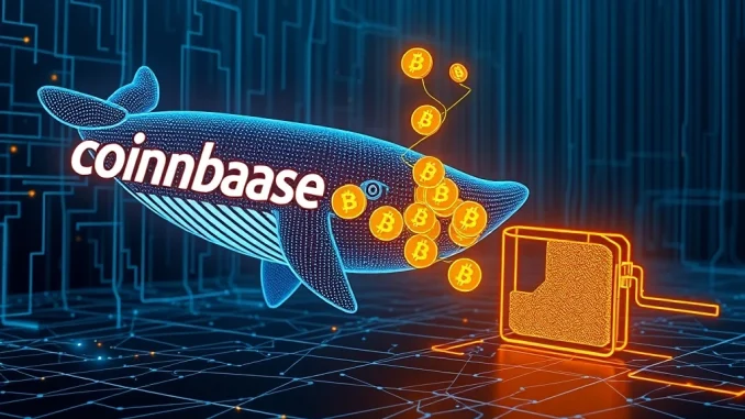 Illustrates a significant Bitcoin transfer from Coinbase to an unknown wallet, highlighting a major crypto whale movement.