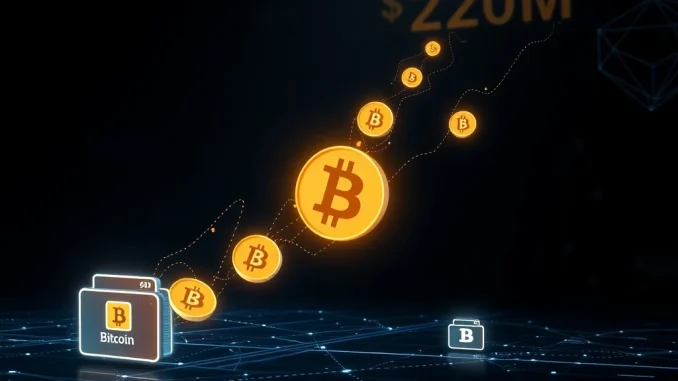 Illustrating a significant Bitcoin transfer by an early Bitcoin holder, showing 2,000 BTC moving to new wallets, signifying a major crypto whale movement.