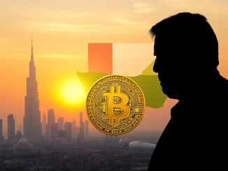 Visualizing the growing **UAE Bitcoin adoption** as digital currency symbols overlay a modern skyline, reflecting national interest in Bitcoin.