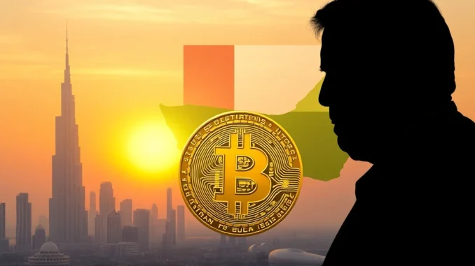 Visualizing the growing **UAE Bitcoin adoption** as digital currency symbols overlay a modern skyline, reflecting national interest in Bitcoin.
