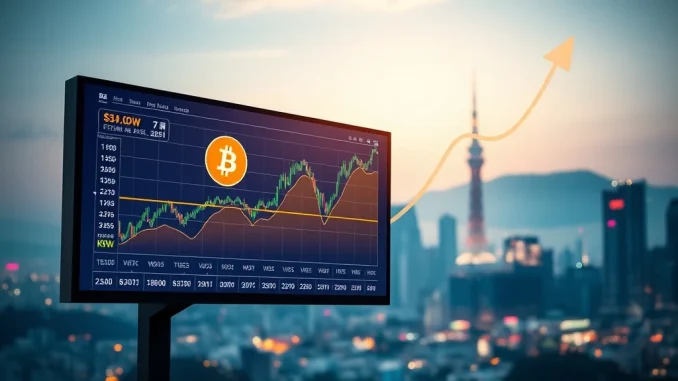 Bitcoin price chart on Upbit exchange showing a new all-time high, symbolizing the surge in the South Korean crypto market.