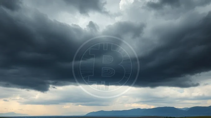 A visual representation of Bitcoin volatility amidst macroeconomic uncertainty, showing a stormy sky over a crypto chart.