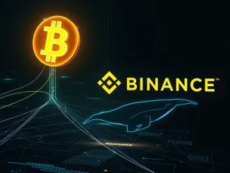 A large Bitcoin whale symbol moving digital BTC to Binance, illustrating a significant $216 million crypto transfer event.