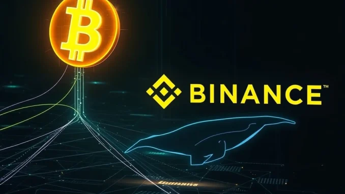 A large Bitcoin whale symbol moving digital BTC to Binance, illustrating a significant $216 million crypto transfer event.