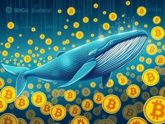 Illustration of a digital **Bitcoin whale** transferring a large sum of BTC, representing the significant $55.9M withdrawal from BitGo.