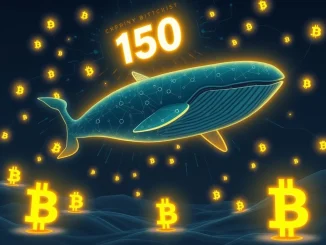 Illustrates a large digital whale moving 150 Bitcoin (BTC) on a blockchain, representing a significant Bitcoin whale transfer.